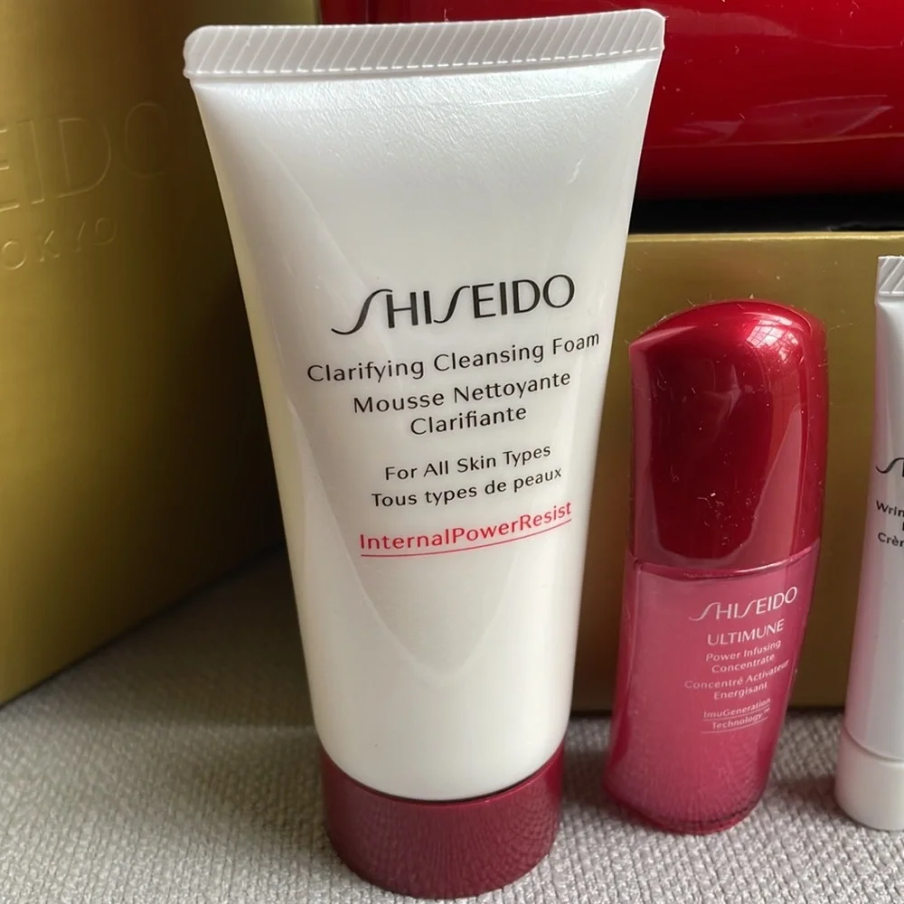Shiseido travel sized products with makeup pouch and gift box